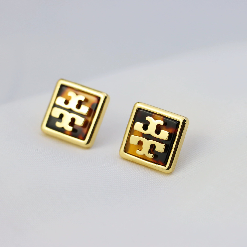 Tory Burch Sexy Leopard Print Resin Vintage Logo Square Stud Earrings Gold